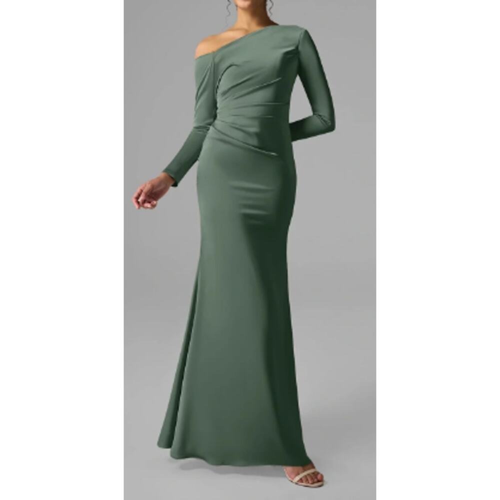 AW BRIDAL 10 L dark olive green Anya satin formal party gala maxi dress NEW b115